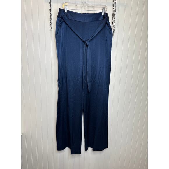 Halston Wide Leg Pants Navy Blue Satin Gorgeous High Waisted Belted Size 14 - Picture 1 of 8